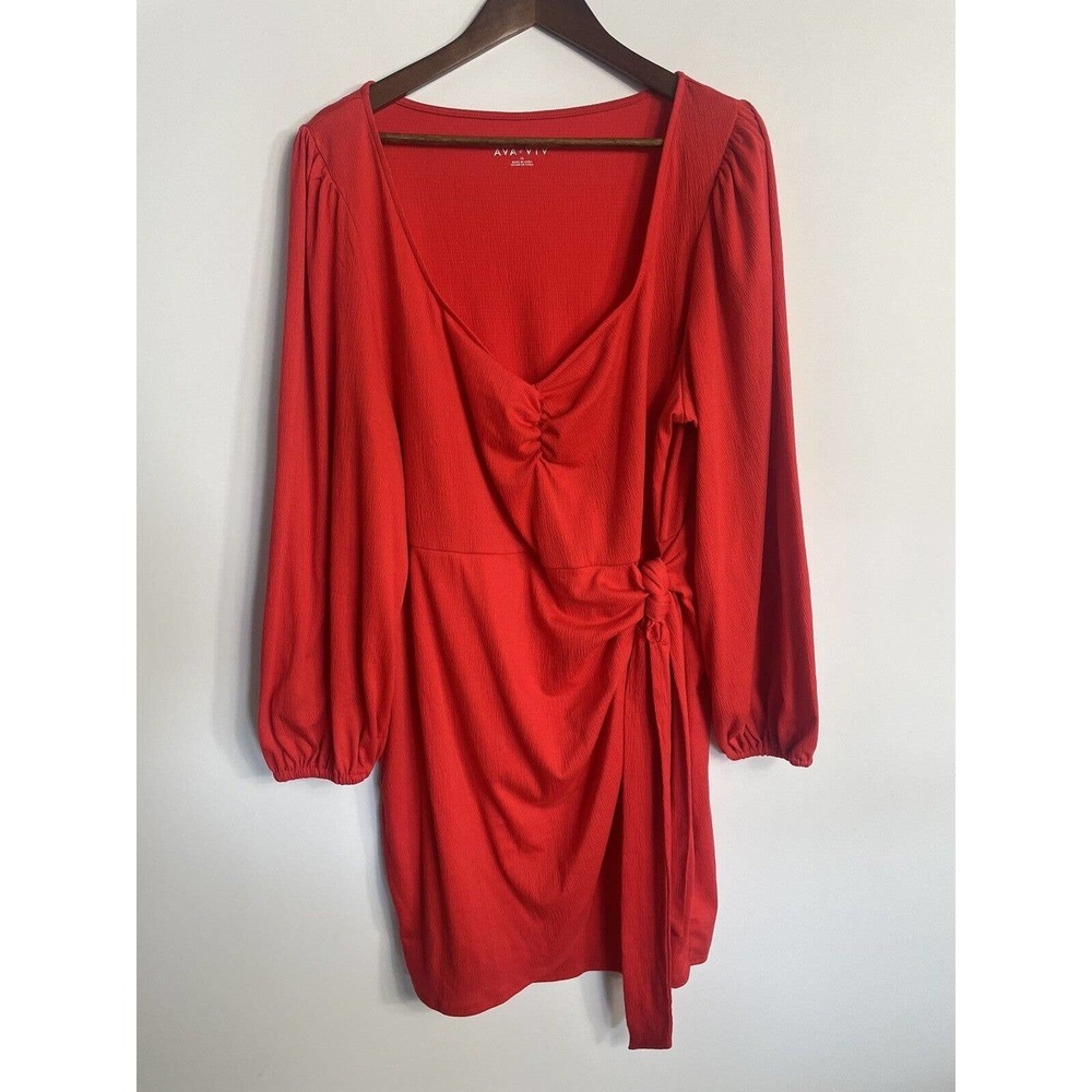 Ava & Viv Women's Plus Size 2X Balloon Long Sleeve Wrap Dress Red